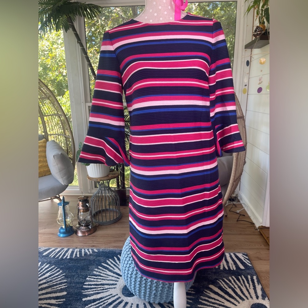 Draper James Pop Stripe Ribbed Bell Sleeve Textured Dress Size Small